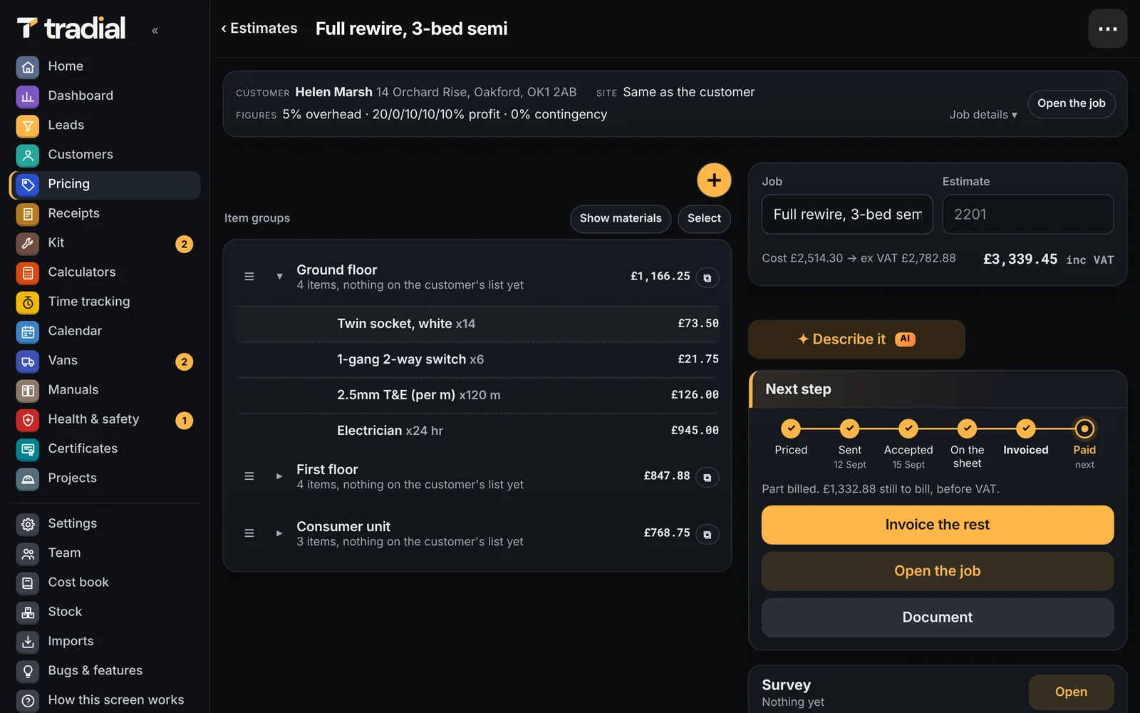 An estimate: item groups on the left, the price and its timeline on the right