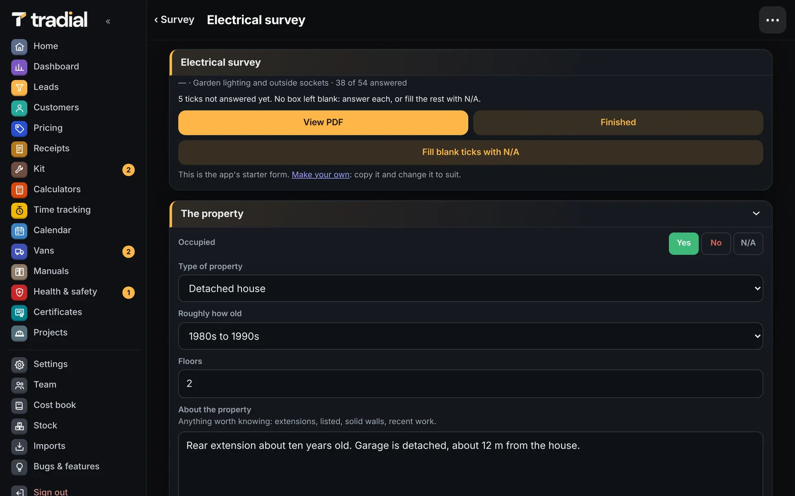 An electrical survey on a lead: 38 of 54 answered, the property described