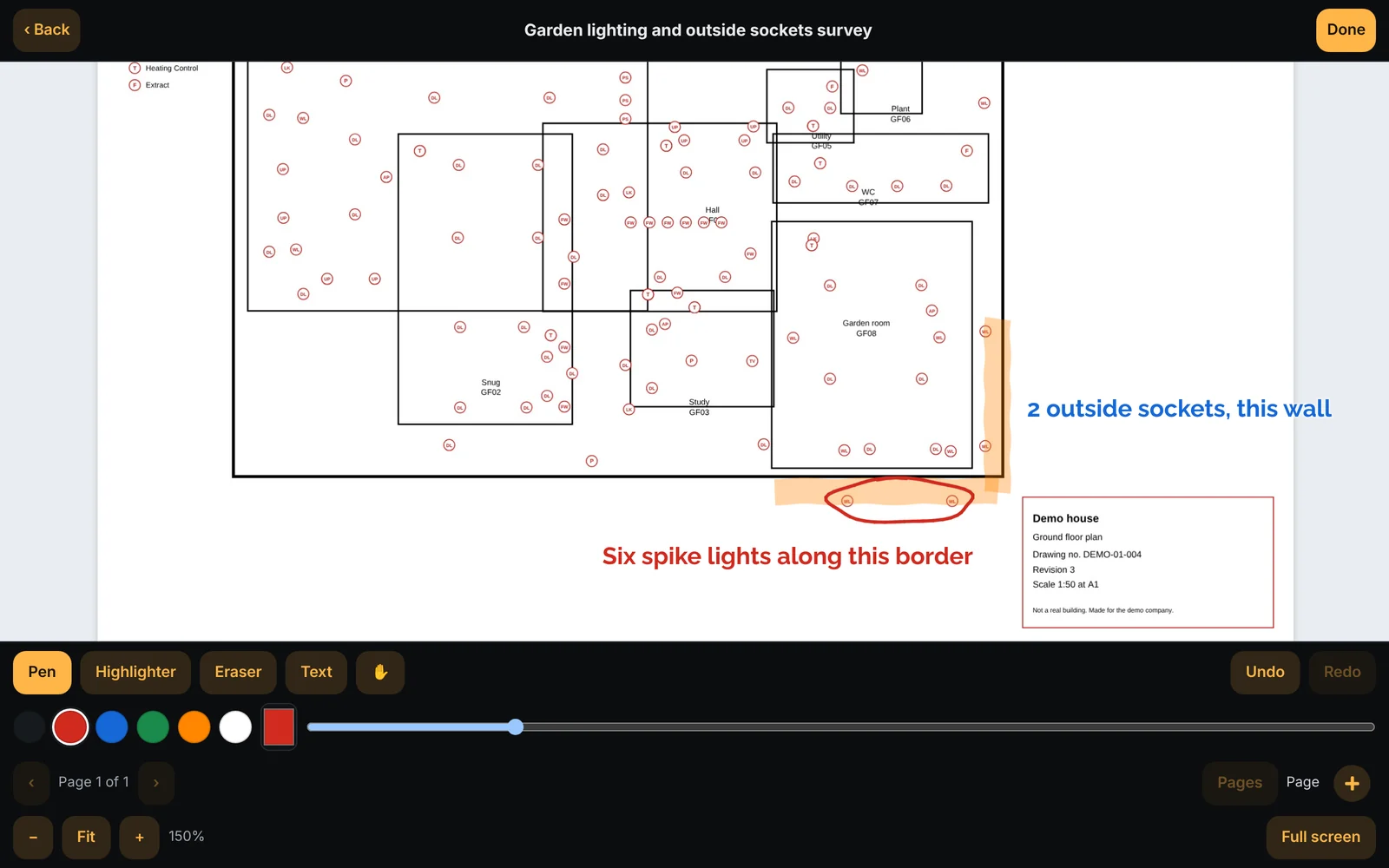 A ground floor plan brought in as a PDF and marked up: a highlighter along the garden wall, a ring round two lights, and typed notes reading Six spike lights along this border and 2 outside sockets, this wall