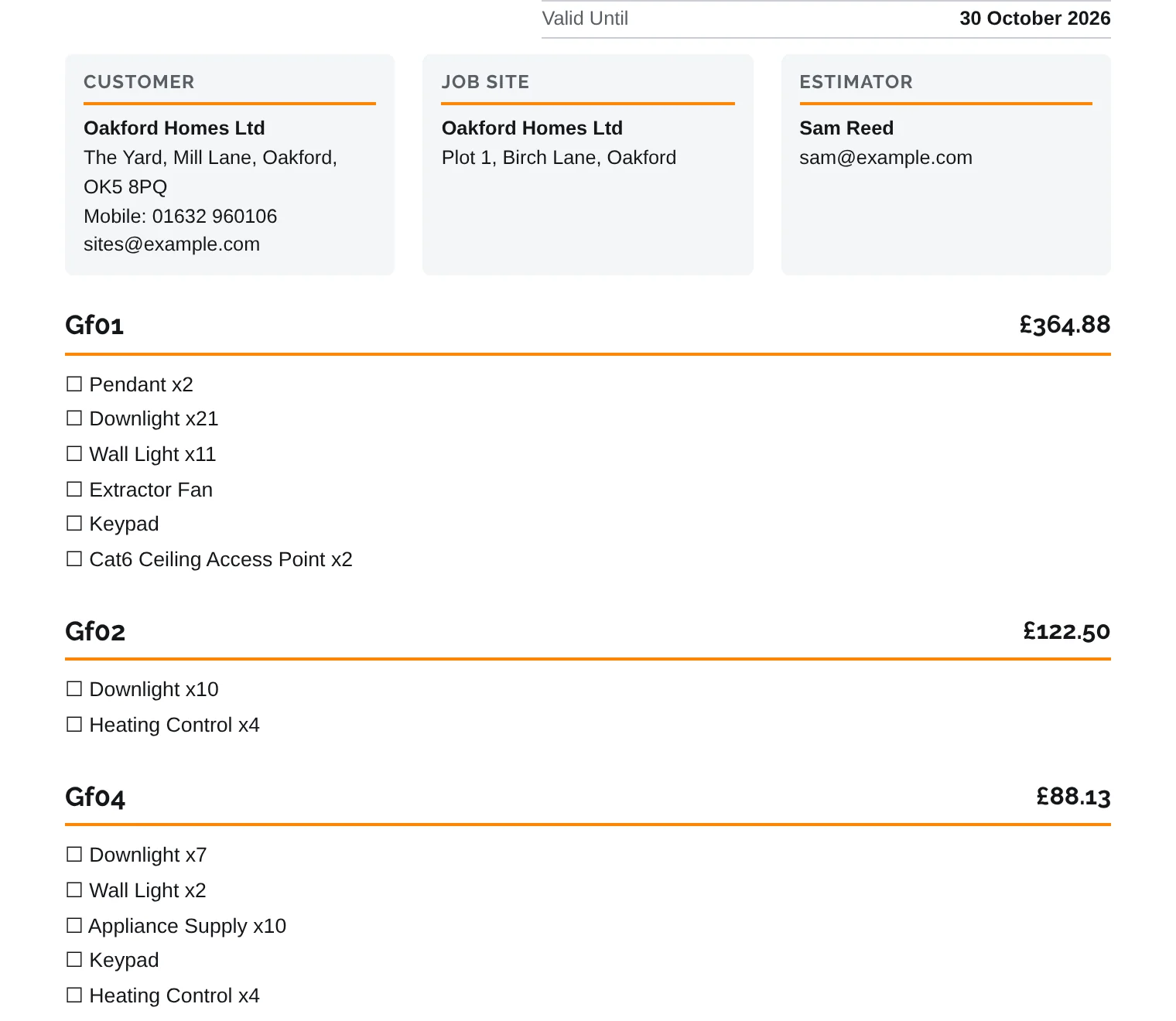 The customer's document with a price against each area: GF01 £364.88, GF02 £122.50