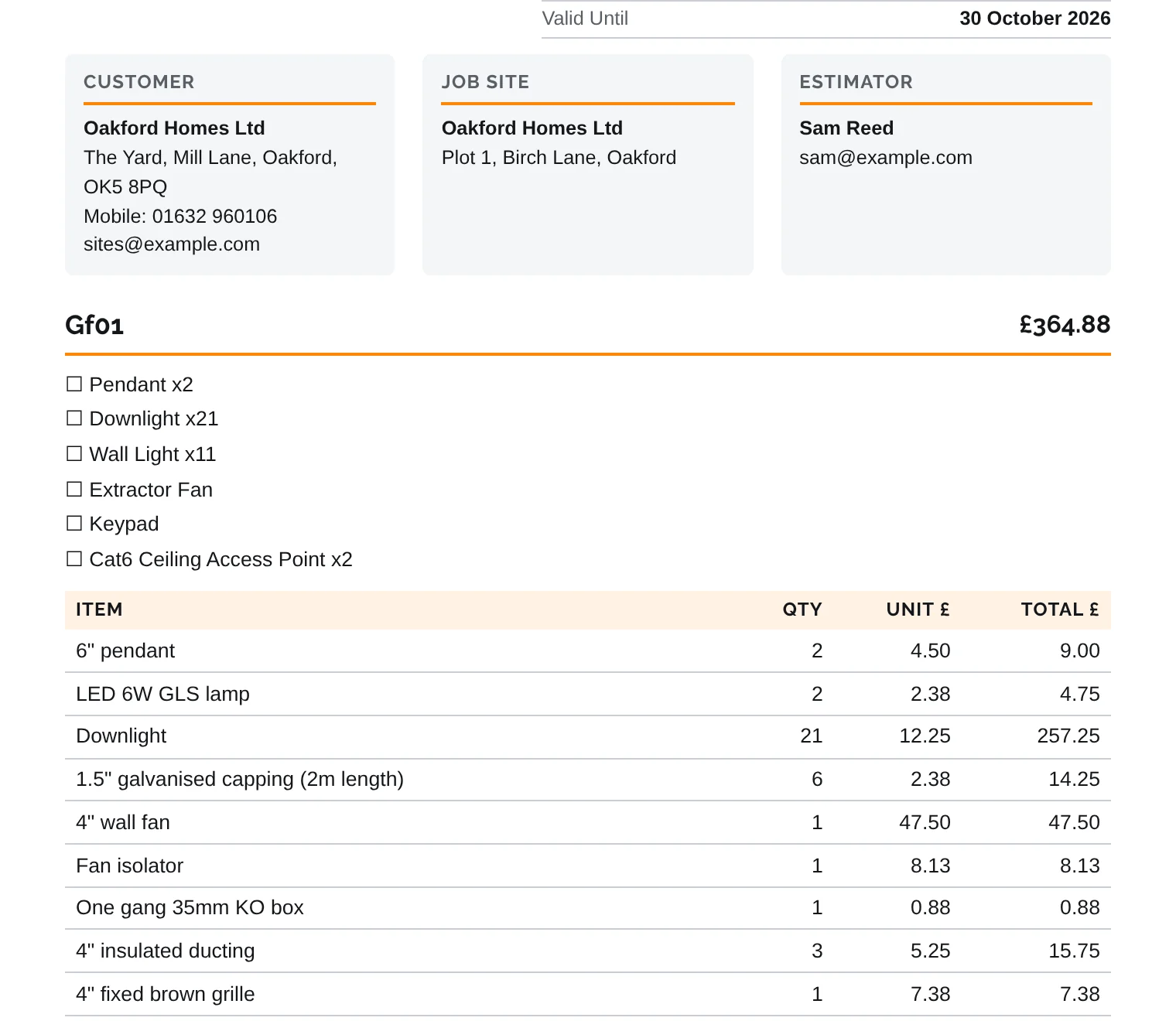 The customer's document fully itemised, with quantities, unit prices and totals