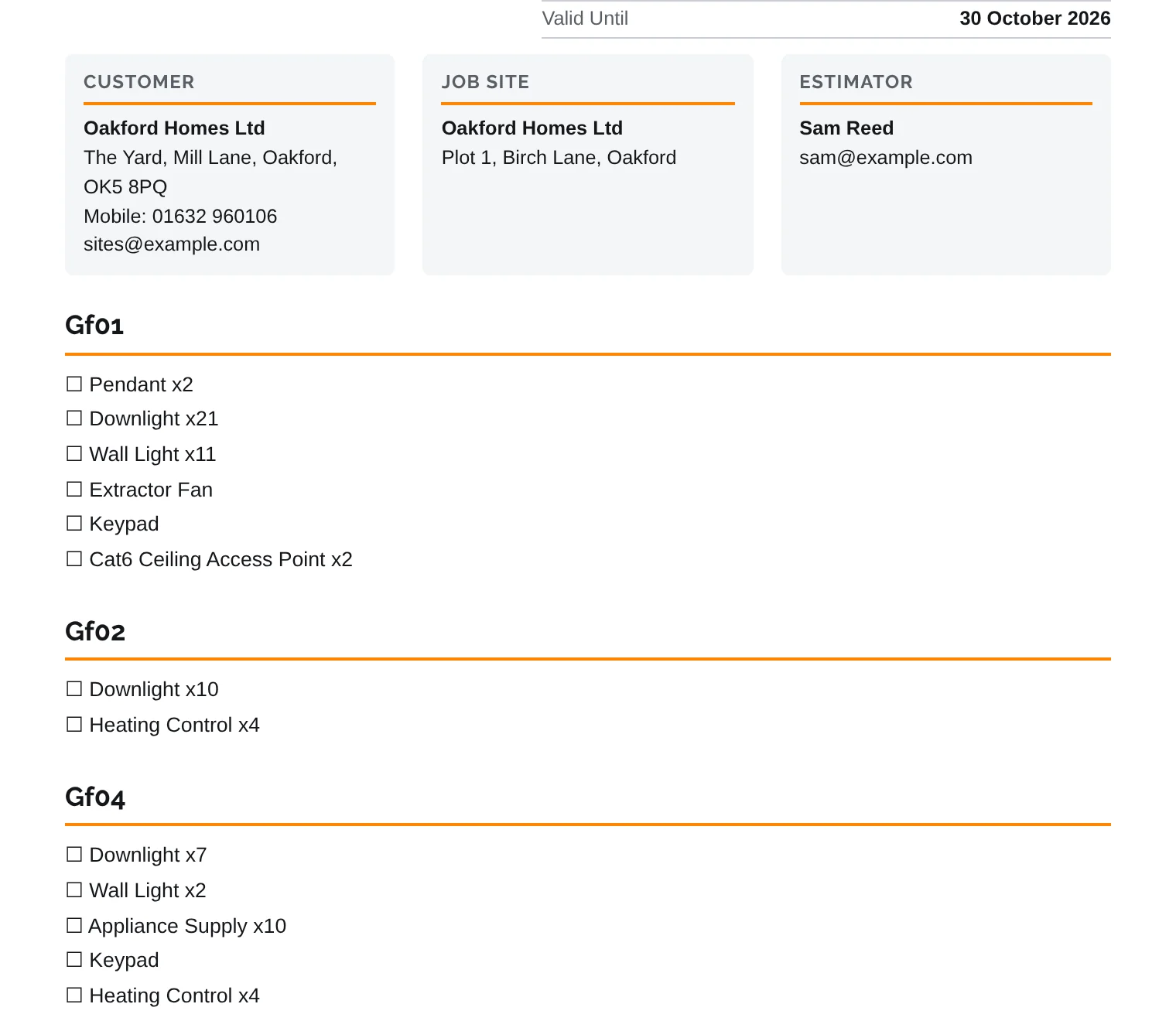 The customer's document as a specification: rooms and items, no prices against them