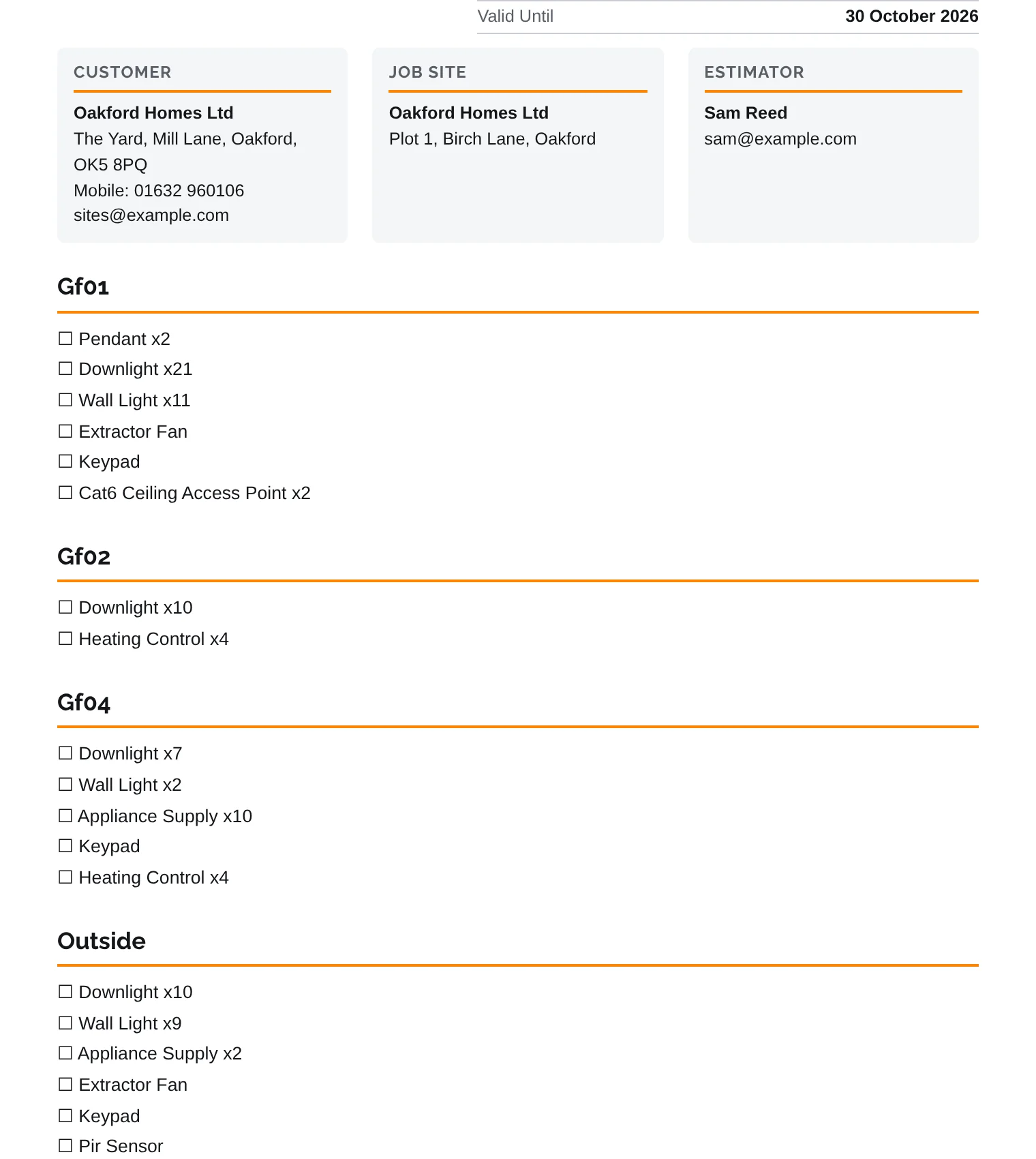 The customer's document. GF01: Pendant ×2, Downlight ×21, Wall Light ×11, Extractor Fan, Keypad, Cat6 Ceiling Access Point ×2, then the rooms that follow