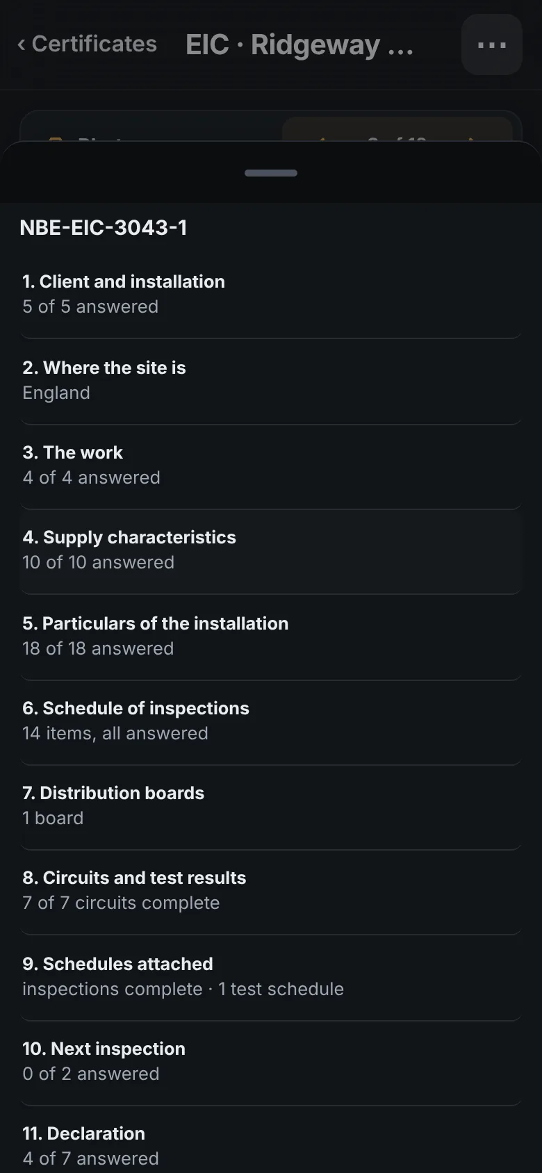 A certificate on a phone: each section and how far along it is