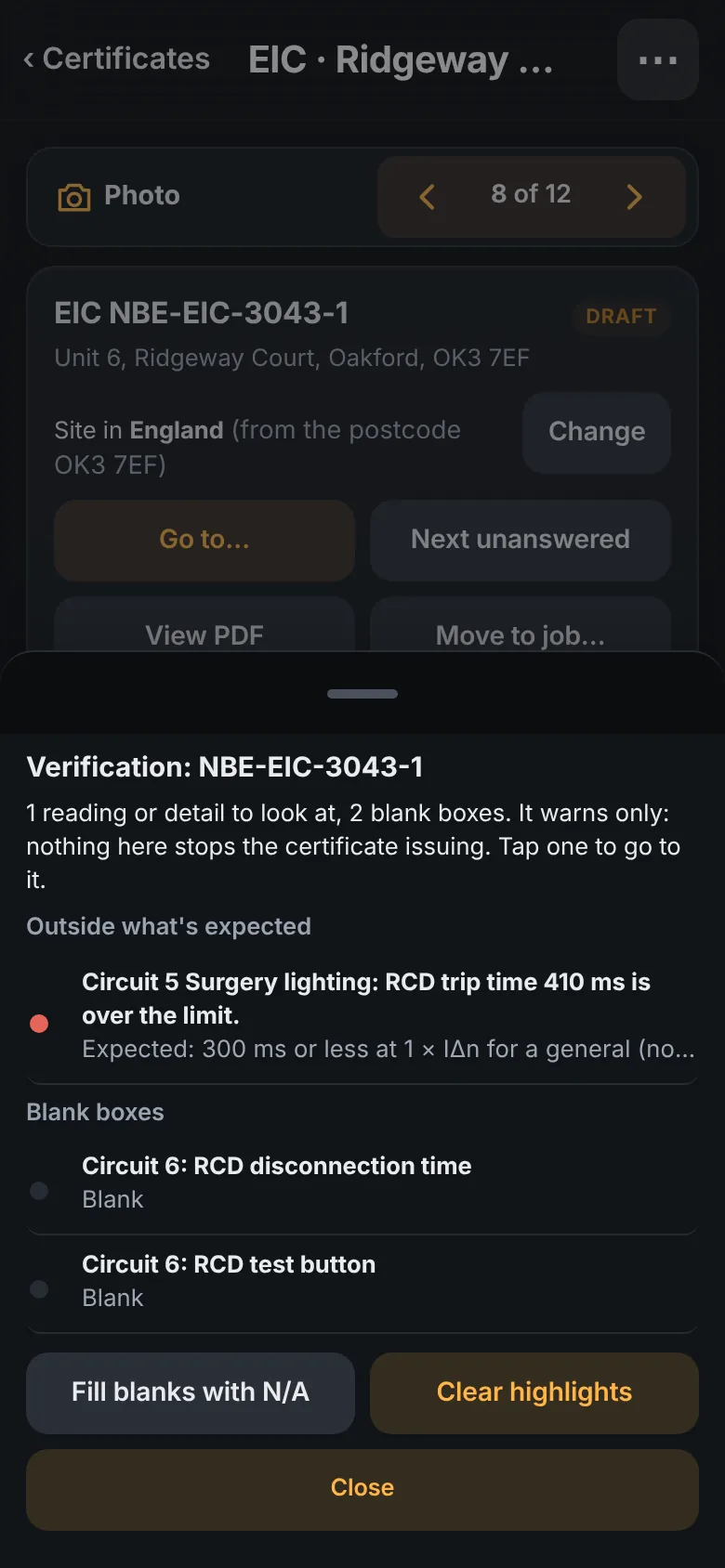 Verification on a phone: one reading outside what is expected, two blank boxes
