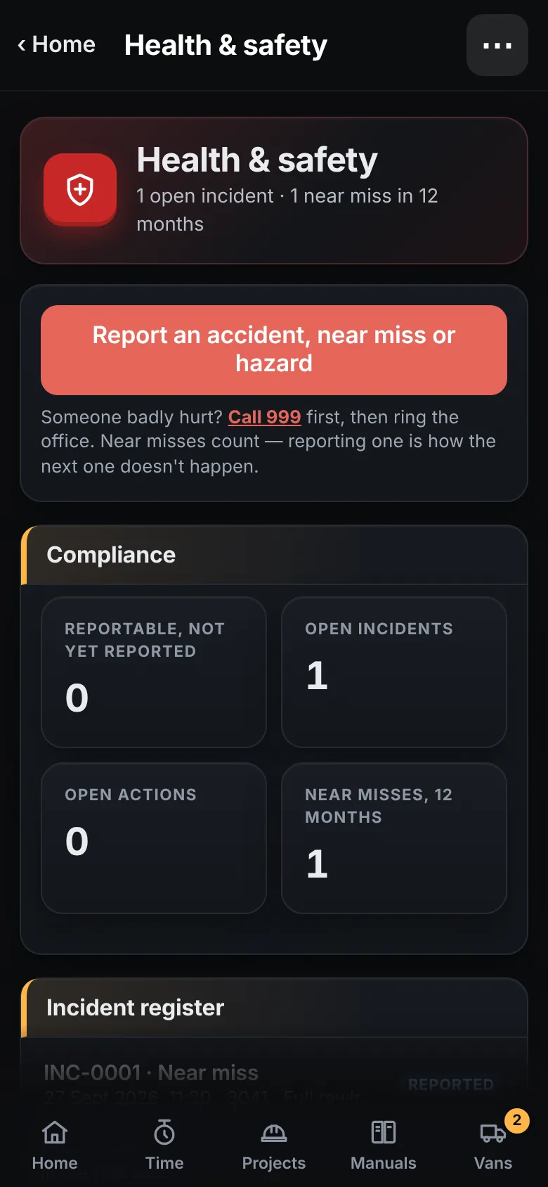Health and safety: report an accident, near miss or hazard, with the incident register below