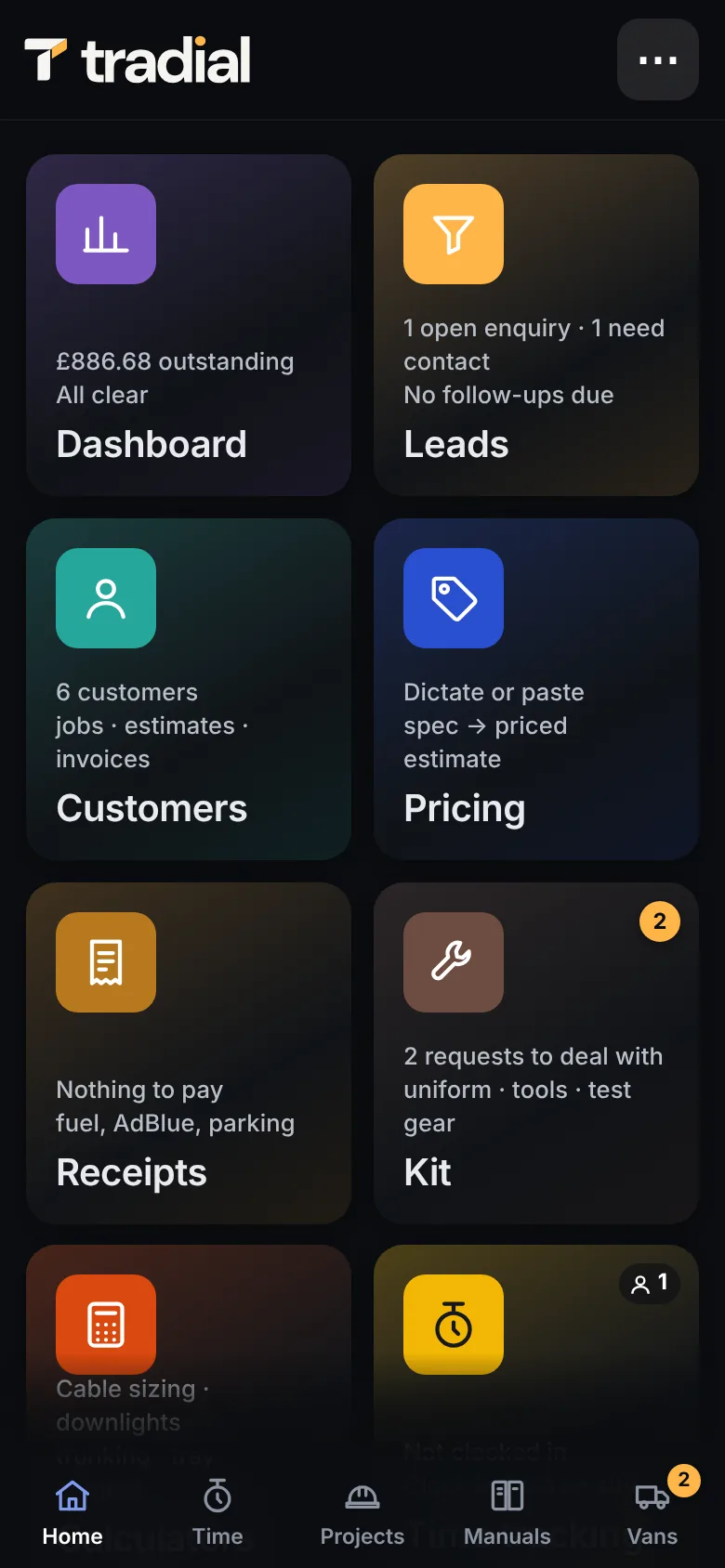 The owner's home screen: every tile