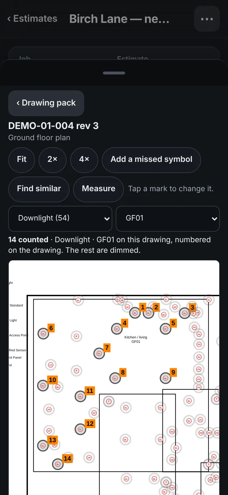 The ground floor drawing on a phone with the counted downlights ringed