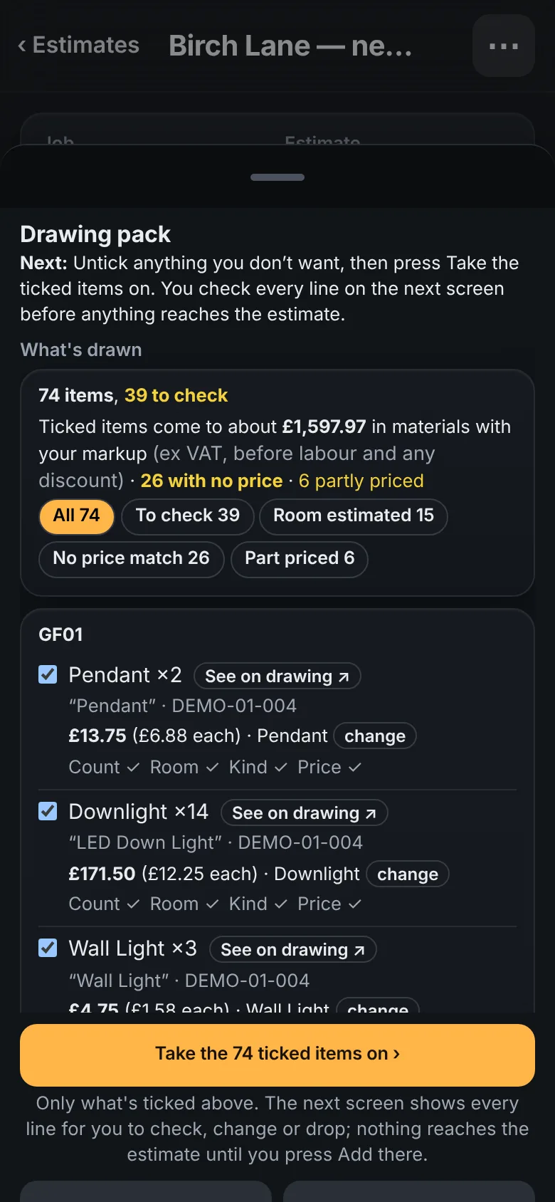 The drawing pack on a phone: 74 items, 39 to check