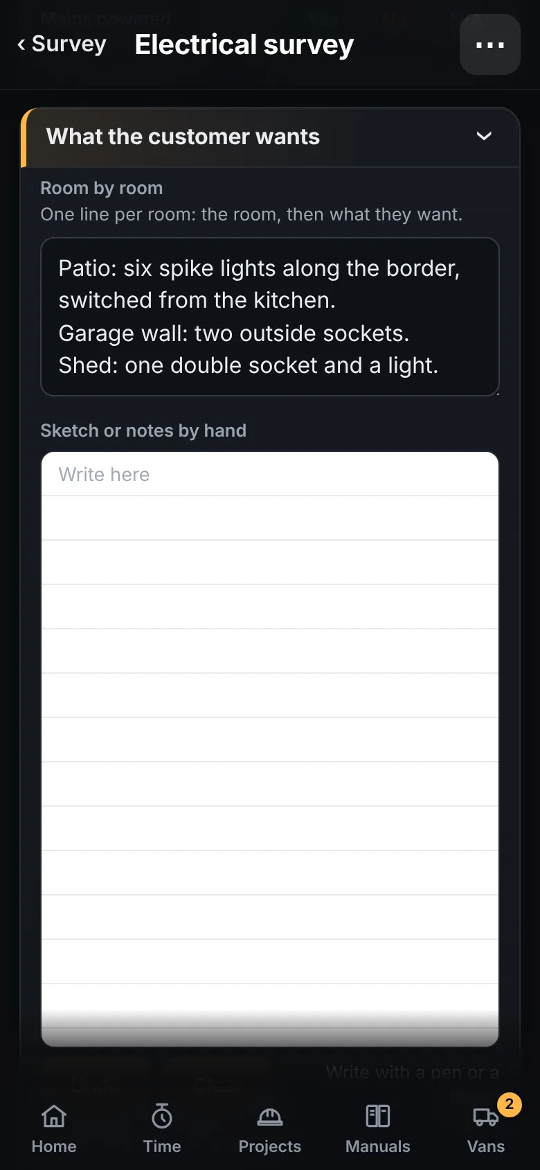 What the customer wants, on a phone: the rooms typed out one per line, then a ruled box to sketch or write in by hand